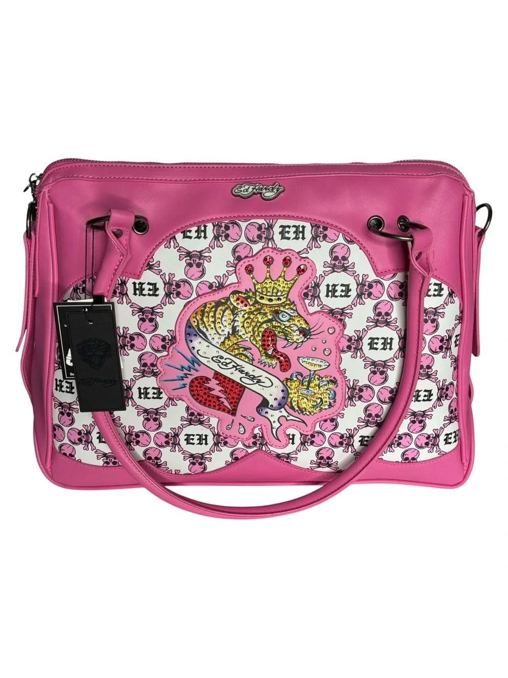Ed Hardy Large Satchel Crossbody Bag Skulls Monogram Logo Bling Rhinestone Tiger